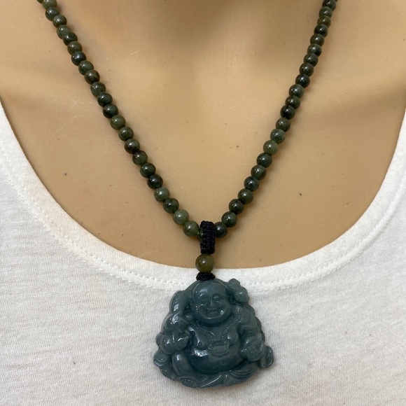 925 Sterling Silver Carving A Natural Jade Laughing Buddha...